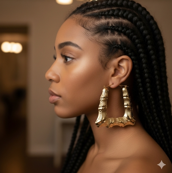 Fashion Jewelry Jewelry - Large bamboo hoop earrings, square bamboo earrings for women. 3.0 Inches